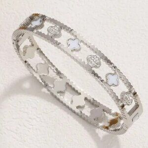 Stainless Steel Silver Tone Clover Bangle, Pearl White, Simulated Diamond